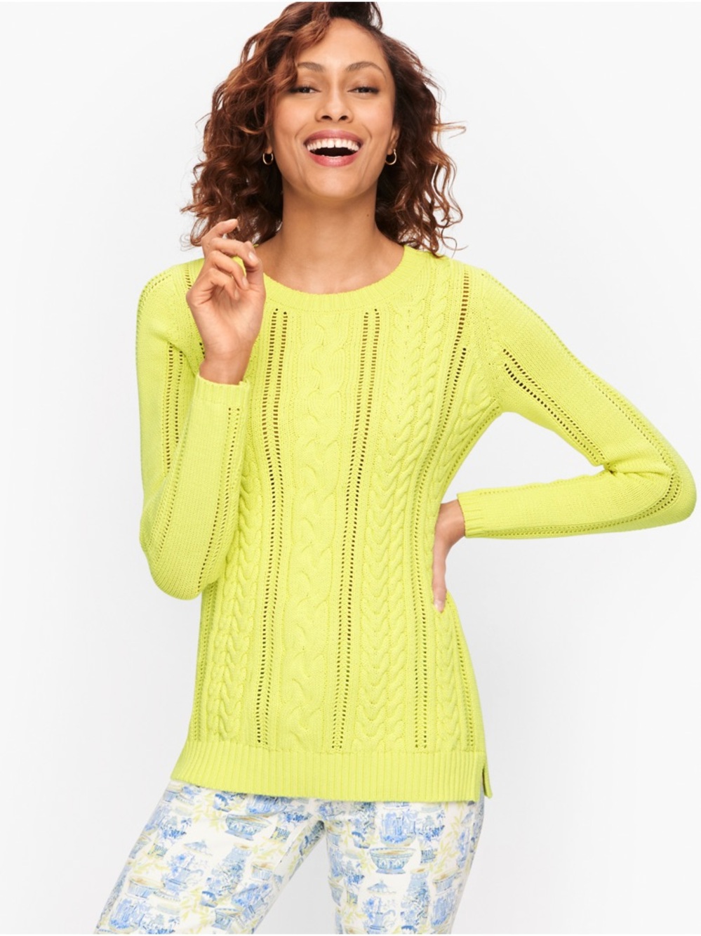 Talbots Lime Green Open-Knit Cable Crewneck Sweater